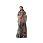 Light grey faux linen printed saree with unstitched blouse, 5.5mtr length on mannequin