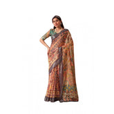 Orange faux linen printed saree with unstitched blouse, vibrant pattern for women's fashion