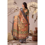 Women's Faux_Linen Printed Saree With Unstitched Blouse 5.5Mtr (Orange)
