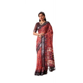 Red faux linen printed saree with unstitched blouse (5.5Mtr), traditional Indian wear on mannequin
