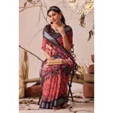Women's Faux_Linen Printed Saree With Unstitched Blouse 5.5Mtr (Red)