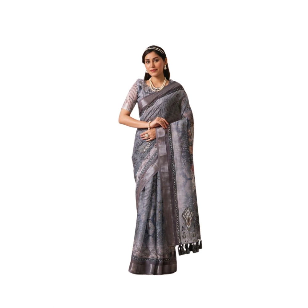 Light grey faux linen printed saree with unstitched blouse, 5.5mtr length on mannequin