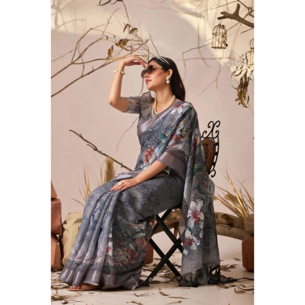 Light grey faux linen printed saree with unstitched blouse (5.5mtr), wearable on special occasions