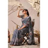 Light grey faux linen printed saree with unstitched blouse (5.5mtr), wearable on special occasions
