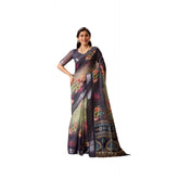 Navy Blue Faux Linen Printed Saree with Unstitched Blouse, 5.5Mtr on mannequin