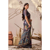 Women's Faux_Linen Printed Saree With Unstitched Blouse 5.5Mtr (Navy_Blue)