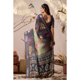 Women's Faux_Linen Printed Saree With Unstitched Blouse 5.5Mtr (Navy_Blue)