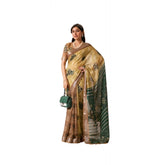 Faux linen mustard printed saree with unstitched blouse, 5.5Mtr on mannequin