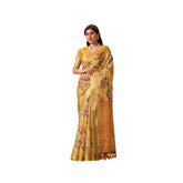 Gold faux linen printed saree with unstitched blouse, 5.5mtr length