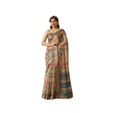 Faux Linen printed beige saree with unstitched blouse, vibrant Indian traditional wear on mannequin