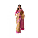 Gold faux linen printed saree with unstitched blouse (5.5Mtr), fashionable women's traditional wear on display