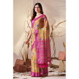 Women's Faux_Linen Printed Saree With Unstitched Blouse 5.5Mtr (Gold)