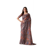 Light Brown Faux Linen Printed Saree with Unstitched Blouse, 5.5Mtr - Traditional Indian fashion piece on display