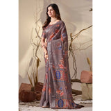 Women's Faux_Linen Printed Saree With Unstitched Blouse 5.5Mtr (Light_Brown)