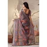 Women's Faux_Linen Printed Saree With Unstitched Blouse 5.5Mtr (Light_Brown)