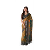 Faux linen printed mustard saree with unstitched blouse, vibrant detailing on 5.5mtr length