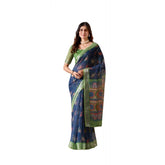 Navy Blue faux linen printed saree with unstitched blouse, vibrant design for women's fashion