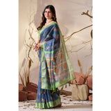 Women's Faux_Linen Printed Saree With Unstitched Blouse 5.5Mtr (Navy_Blue)