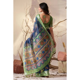 Women's Faux_Linen Printed Saree With Unstitched Blouse 5.5Mtr (Navy_Blue)