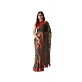 Dark Green faux linen printed saree with unstitched blouse, vibrant design on display
