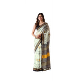 Light green faux linen printed saree with unstitched blouse, 5.5mtr - traditional Indian women's wear on mannequin