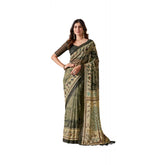 Olive georgette printed saree with unstitched blouse, 5.5mtr length on mannequin