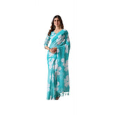 Aqua-Blue Georgette printed saree with unstitched blouse (5.5Mtr), fashionable Indian women's wear on display