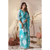 Women's Georgette Printed Saree With Unstitched Blouse 5.5Mtr (Aqua_Blue)