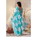 Women's Georgette Printed Saree With Unstitched Blouse 5.5Mtr (Aqua_Blue)
