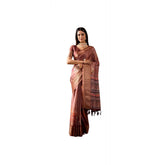 Brown faux silk printed saree with unstitched blouse, 5.5Mtr length on clothing hanger