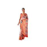 Faux silk printed peach saree with unstitched blouse, vibrant floral pattern on 5.5mtr length for women's fashion