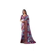 Blue faux silk printed saree with unstitched blouse, 5.5mtr length on mannequin