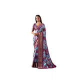 Blue faux silk printed saree with unstitched blouse, 5.5mtr length on mannequin