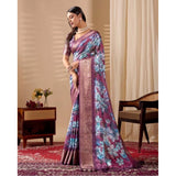 Blue faux silk printed saree with unstitched blouse, vibrant design for women's fashion
