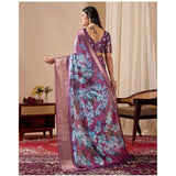 Blue faux-silk printed saree with unstitched blouse, vibrant design for Indian festivals
