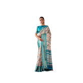 Beige faux silk printed saree with unstitched blouse, vibrant pattern on 5.5mtr