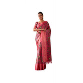 Faux Banarasi silk printed saree with unstitched blouse (pink), vibrant Indian traditional wear for women