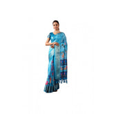 Sky blue faux silk printed saree with unstitched blouse, vibrant design for Indian women's fashion
