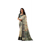 Off-white faux silk printed saree with unstitched blouse, 5.5mtr length for traditional Indian wear