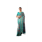 Turquoise faux silk printed saree with unstitched blouse (5.5mtr) on display