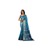 Faux Banarasi silk turquoise woven saree with unstitched blouse, vibrant turquoise pattern on display