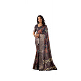 Navy blue faux silk printed saree with unstitched blouse, vibrant floral design on 5.5mtr fabric