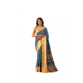 Teal faux Banarasi printed saree with unstitched blouse, 5.5mtr length