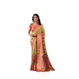 Olive faux-silk printed saree with unstitched blouse, 5.5Mtr, vibrant design on display