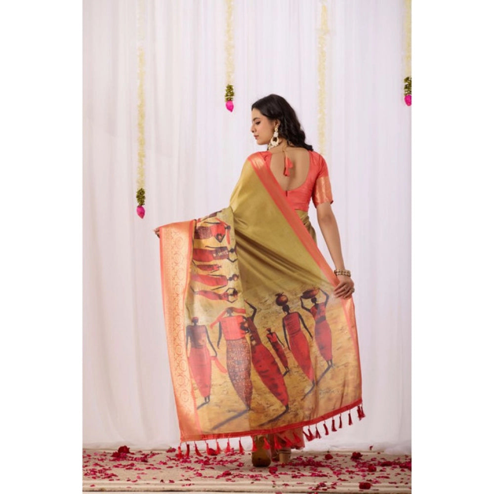 Olive faux-silk printed saree with unstitched blouse, vibrant floral design on 5.5mtr saree