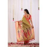 Olive faux-silk printed saree with unstitched blouse, vibrant floral design on 5.5mtr saree
