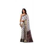 White faux silk printed saree with unstitched blouse, 5.5mtr length