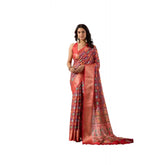 Red Faux Patola woven saree with unstitched blouse, 5.5mtr (close-up)