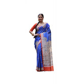Faux Tussar Silk navy blue printed saree with unstitched blouse, elegant Indian women's attire on mannequin