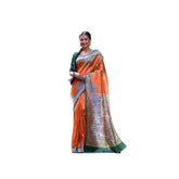 Orange faux tussar silk printed saree with unstitched blouse, 5.5mtr length